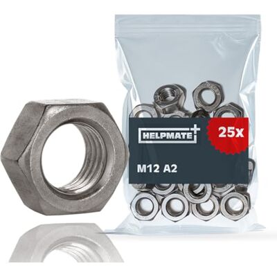 HELPMATE – M12 Sechskantmutter DIN 934 – Edelstahl A2 – 25 Stück – Muttern für den Außen- und Innenbereich HELPMATE – M12 Sechskantmutter DIN 934 – Edelstahl A2 – 25 Stück – Muttern für den Außen- und Innenbereich