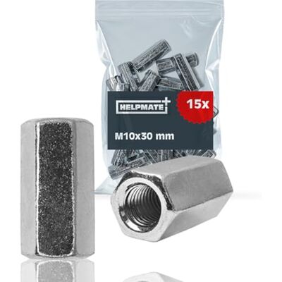 HELPMATE – M10 Verlängerungsmutter – galvanisch verzinkter Stahl – 15 Stück – Sechskant Verlängerungsmutter für die Verbindung von metrischem Gewinde (10x30x17) HELPMATE – M10 Verlängerungsmutter – galvanisch verzinkter Stahl – 15 Stück – Sechskant Verlängerungsmutter für die Verbindung von metrischem Gewinde (10x30x17)
