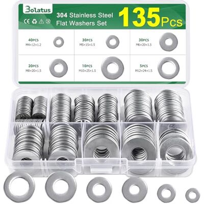 Bolatus 135 Stück Unterlegscheiben Set Edelstahl, Beilagscheiben Sortiment 6 Größen, Karosseriescheiben M4 M5 M6 M8 M10 M12, Flach Unterlegscheiben Edelstahl für Schrauben & Muttern & Gewindestange Bolatus 135 Stück Unterlegscheiben Set Edelstahl, Beilagscheiben Sortiment 6 Größen, Karosseriescheiben M4 M5 M6 M8 M10 M12, Flach Unterlegscheiben Edelstahl für Schrauben & Muttern & Gewindestange