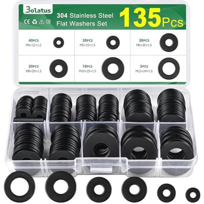Bolatus 135 Stück Unterlegscheiben Set Schwarz, Edelstahl Beilagscheiben Sortiment 6 Größen, Karosseriescheiben M4 M5 M6 M8 M10 M12, Flach Unterlegscheiben Edelstahl für Schrauben & Muttern Bolatus 135 Stück Unterlegscheiben Set Schwarz, Edelstahl Beilagscheiben Sortiment 6 Größen, Karosseriescheiben M4 M5 M6 M8 M10 M12, Flach Unterlegscheiben Edelstahl für Schrauben & Muttern