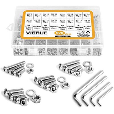 VIGRUE 520PCS M3 M4 M5 M6 Edelstahl-Sechskopf-Knopf Schrauben Schrauben Muttern und Unterlegscheiben Sortiment Kit der mit Aufbewahrung flach Fall Box (520PCS) VIGRUE 520PCS M3 M4 M5 M6 Edelstahl-Sechskopf-Knopf Schrauben Schrauben Muttern und Unterlegscheiben Sortiment Kit der mit Aufbewahrung flach Fall Box (520PCS)