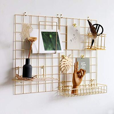 FRIADE Wandgitter-Panel für Foto-Display, Wandaufbewahrung, Organizer, 5 Metall-Clips, 3 S-Haken, 4 Nägel, 4 Kunststoff-Hängeschnallen und 4 Schrauben, Größe 44,5 x 30 cm, 2 Stück (Gold) FRIADE Wandgitter-Panel für Foto-Display, Wandaufbewahrung, Organizer, 5 Metall-Clips, 3 S-Haken, 4 Nägel, 4 Kunststoff-Hängeschnallen und 4 Schrauben, Größe 44,5 x 30 cm, 2 Stück (Gold)