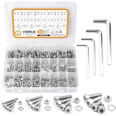 VIGRUE 520PCS M3 M4 M5 M6 Edelstahl-Sechskopf-Knopf Schrauben Schrauben Muttern und Unterlegscheiben Sortiment Kit der mit Aufbewahrung flach Fall Box (Kit 520PCS) VIGRUE 520PCS M3 M4 M5 M6 Edelstahl-Sechskopf-Knopf Schrauben Schrauben Muttern und Unterlegscheiben Sortiment Kit der mit Aufbewahrung flach Fall Box (Kit 520PCS)