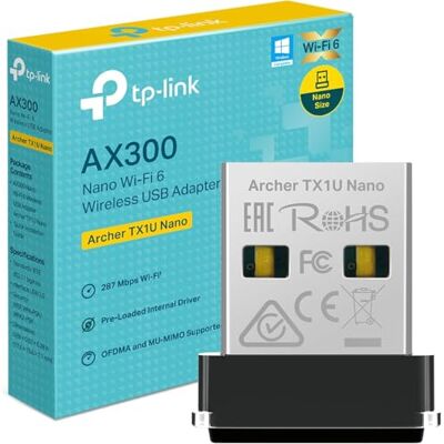 TP-Link Archer TX1U Nano WLAN Stick für PC, 𝐖𝐢-𝐅𝐢 𝟔 WLAN Adapter, Plug & Play, Nano-Größe, MU-MIMO, Access-Point-Modus, Kompatibel mit Windows, AX300 TP-Link Archer TX1U Nano WLAN Stick für PC, 𝐖𝐢-𝐅𝐢 𝟔 WLAN Adapter, Plug & Play, Nano-Größe, MU-MIMO, Access-Point-Modus, Kompatibel mit Windows, AX300