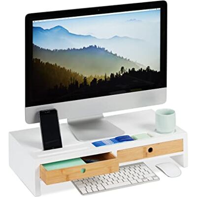 Relaxdays Monitorständer, 2 Schubladen, PC Erhöhung für Schreibtisch, Bambus & MDF, HBT: 12 x 55,5 x 27 cm, weiß/Natur, Bambus + MDF L Relaxdays Monitorständer, 2 Schubladen, PC Erhöhung für Schreibtisch, Bambus & MDF, HBT: 12 x 55,5 x 27 cm, weiß/Natur, Bambus + MDF L