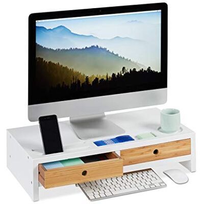 Relaxdays Monitorständer Bambus, Bildschirmerhöhung mit 2 Schubladen & Fächern, Lapdesk HBT 14 x 60 x 30 cm, weiß/Natur Relaxdays Monitorständer Bambus, Bildschirmerhöhung mit 2 Schubladen & Fächern, Lapdesk HBT 14 x 60 x 30 cm, weiß/Natur