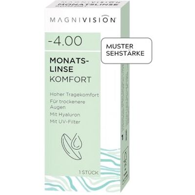 Magnivision Monatslinse Komfort weiche Kontaktlinsen für -1,75 Dioptrien 1 Stück BC 8.6 DIA 14.2 Kontaktlinse mit Hyaluron und UV-Filter für empfindliche Augen ohne Konservierungsstoffe Magnivision Monatslinse Komfort weiche Kontaktlinsen für -1,75 Dioptrien 1 Stück BC 8.6 DIA 14.2 Kontaktlinse mit Hyaluron und UV-Filter für empfindliche Augen ohne Konservierungsstoffe
