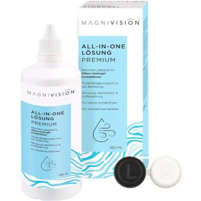 Magnivision All-in-One Lösung Premium, 360ml All-in-One Lösung für weiche Kontaktlinsen, zur Reinigung und Lagerung von weichen Kontaktlinsen, boratfrei, Made in Europe Magnivision All-in-One Lösung Premium, 360ml All-in-One Lösung für weiche Kontaktlinsen, zur Reinigung und Lagerung von weichen Kontaktlinsen, boratfrei, Made in Europe