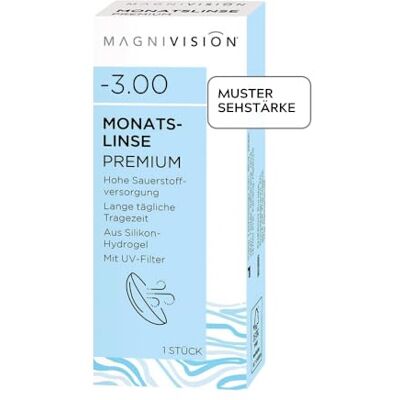 Magnivision Monatslinse Premium weiche Kontaktlinsen für -1,50 dpt. 1 Stück BC 8.7 DIA 14.0 mit Silikon-Hydrogel-Material und UV-Filter für lange Tragezeiten ohne Konservierungsstoffe Magnivision Monatslinse Premium weiche Kontaktlinsen für -1,50 dpt. 1 Stück BC 8.7 DIA 14.0 mit Silikon-Hydrogel-Material und UV-Filter für lange Tragezeiten ohne Konservierungsstoffe