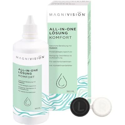 Magnivision All-in-One Lösung Komfort, 360ml All-in-One Lösung für weiche Kontaktlinsen, zur Reinigung und Lagerung von weichen Kontaktlinsen, boratfrei, Made in Europe Magnivision All-in-One Lösung Komfort, 360ml All-in-One Lösung für weiche Kontaktlinsen, zur Reinigung und Lagerung von weichen Kontaktlinsen, boratfrei, Made in Europe
