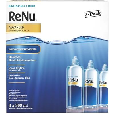 Bausch + Lomb ReNu Advanced Kombilösung mit 3fach Desinfektion Kontaktlinsenreiniger, Aufbewahrungslösung, für weiche Linsen, 3er Pack 3 x 360 ml Bausch + Lomb ReNu Advanced Kombilösung mit 3fach Desinfektion Kontaktlinsenreiniger, Aufbewahrungslösung, für weiche Linsen, 3er Pack 3 x 360 ml