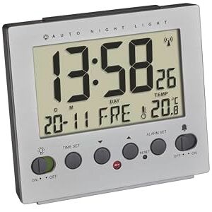 TFA Dostmann Digitaler Wecker, 60.2561.55, automatische Nachtbeleuchtung, Funk-Wecker, Temperatur, Wochentag und Datum, Aluminium-Optik, Silber, (L) 99 x (B) 90 x (H) 42 mm TFA Dostmann Digitaler Wecker, 60.2561.55, automatische Nachtbeleuchtung, Funk-Wecker, Temperatur, Wochentag und Datum, Aluminium-Optik, Silber, (L) 99 x (B) 90 x (H) 42 mm