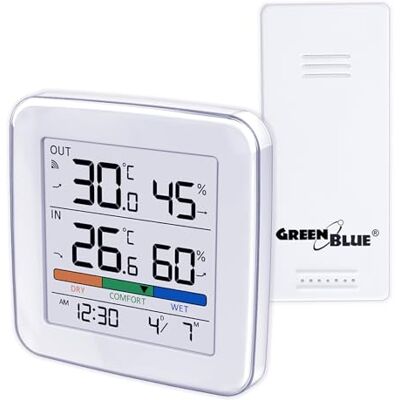 Green Blue GreenBlue GB169 Funk-Wetterstation mit Außensensor – Innen & Außen Temperatur, Luftfeuchtigkeit, Uhr, Alarm, Komfort-Anzeige, LCD Display, 60 m Reichweite Green Blue GreenBlue GB169 Funk-Wetterstation mit Außensensor – Innen & Außen Temperatur, Luftfeuchtigkeit, Uhr, Alarm, Komfort-Anzeige, LCD Display, 60 m Reichweite