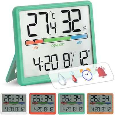 GIFTMARKET Digitales Innenraumthermometer mit Hygrometer, Komfortanzeige, Uhr und Kalender, Farbe Grün, ideal für Zuhause, Material ABS, Maße 9,3 x 7,2 x 1,6 cm GIFTMARKET Digitales Innenraumthermometer mit Hygrometer, Komfortanzeige, Uhr und Kalender, Farbe Grün, ideal für Zuhause, Material ABS, Maße 9,3 x 7,2 x 1,6 cm