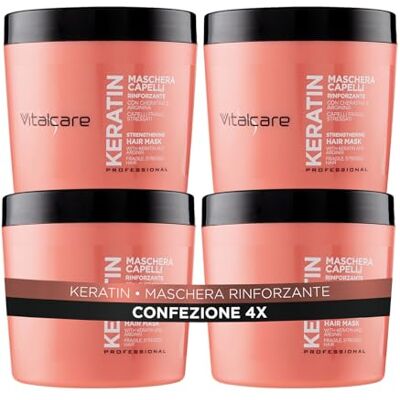 Vitalcare Keratin – Stärkende Haarmaske, für brüchiges und strapaziertes Haar, mit Keratin und Arginin, für kräftigeres und weicheres Haar, 4 x 500 ml Vitalcare Keratin – Stärkende Haarmaske, für brüchiges und strapaziertes Haar, mit Keratin und Arginin, für kräftigeres und weicheres Haar, 4 x 500 ml
