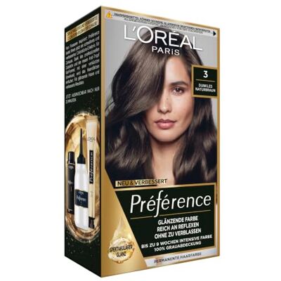L'Oreal Paris L'Oréal Paris Permanente Haarfarbe, Haarfärbeset mit Coloration und Farbglanz-Pflegebalsam, Préférence, 3 Dunkles Naturbraun, 3er Set L'Oreal Paris L'Oréal Paris Permanente Haarfarbe, Haarfärbeset mit Coloration und Farbglanz-Pflegebalsam, Préférence, 3 Dunkles Naturbraun, 3er Set