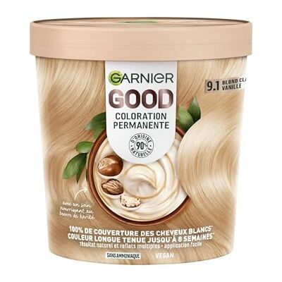 Garnier Permanente Haarfärbung – ohne Ammoniak – 90% natürliche Inhaltsstoffe – Sheabutter – 100% Abdeckung für weißes Haar – GOOD Bond Light Vanille 9.1 Garnier Permanente Haarfärbung – ohne Ammoniak – 90% natürliche Inhaltsstoffe – Sheabutter – 100% Abdeckung für weißes Haar – GOOD Bond Light Vanille 9.1