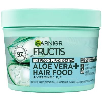Garnier Fructis Aloe Vera + Haarmaske, Leave-In Haarkur für normales bis trockenes Haar & Kopfhaut, Mehr Geschmeidigkeit und Glanz, Intensive Feuchtigkeit, Ohne Silikone, Vegan, Hairfood, 3in1, 400ml Garnier Fructis Aloe Vera + Haarmaske, Leave-In Haarkur für normales bis trockenes Haar & Kopfhaut, Mehr Geschmeidigkeit und Glanz, Intensive Feuchtigkeit, Ohne Silikone, Vegan, Hairfood, 3in1, 400ml