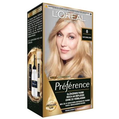 L'Oreal Paris L'Oréal Paris Permanente Haarfarbe, Haarfärbeset mit Coloration und Farbglanz-Pflegebalsam, Préférence, 8 Naturblond, 3er Set L'Oreal Paris L'Oréal Paris Permanente Haarfarbe, Haarfärbeset mit Coloration und Farbglanz-Pflegebalsam, Préférence, 8 Naturblond, 3er Set