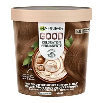 Garnier Permanente Haarfarbe – ohne Ammoniak – 90% Inhaltsstoffe natürlichen Ursprungs – Sheabutter – 100% Abdeckung für weißes Haar – GOOD Hellbraun Mocaccino 6.0 Garnier Permanente Haarfarbe – ohne Ammoniak – 90% Inhaltsstoffe natürlichen Ursprungs – Sheabutter – 100% Abdeckung für weißes Haar – GOOD Hellbraun Mocaccino 6.0
