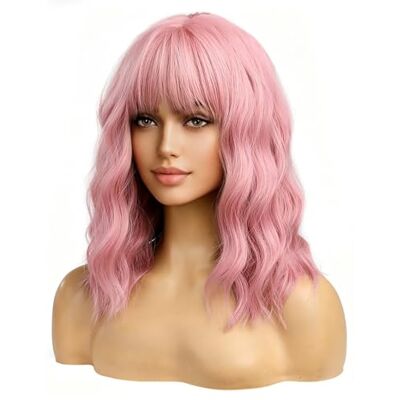 BERON 14 Zoll Damen Mädchen kurze lockige synthetische Perücke mit Air Bangs Lovely Pink, 230 Gramm BERON 14 Zoll Damen Mädchen kurze lockige synthetische Perücke mit Air Bangs Lovely Pink, 230 Gramm