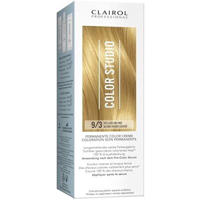 Clairol Professional COLOUR STUDIO Permanente Haarfarbe Hellgoldblond 9/3 Mit Metal-Purifier für 6 x weniger Haarbruch – 10 Wochen sattes Farbergebnis & 100 % Grauabdeckung – inkl. Haarkur (110ml) Clairol Professional COLOUR STUDIO Permanente Haarfarbe Hellgoldblond 9/3 Mit Metal-Purifier für 6 x weniger Haarbruch – 10 Wochen sattes Farbergebnis & 100 % Grauabdeckung – inkl. Haarkur (110ml)