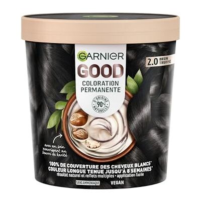 Garnier Permanente Haarfarbe – ohne Ammoniak – 90% natürliche Inhaltsstoffe und vegane Formel – Sheabutter – 100% weiße Haarabdeckung – Trüffelbraun (2,0) – Good Garnier Permanente Haarfarbe – ohne Ammoniak – 90% natürliche Inhaltsstoffe und vegane Formel – Sheabutter – 100% weiße Haarabdeckung – Trüffelbraun (2,0) – Good