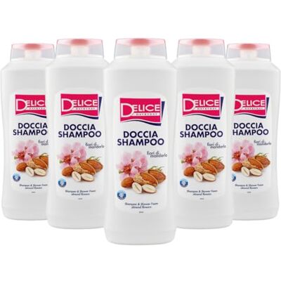 Delice Dusch-Shampoo mit Mandelblüten, Reiniger, für alle Haut- und Haartypen – 5 Stück x 650 ml Delice Dusch-Shampoo mit Mandelblüten, Reiniger, für alle Haut- und Haartypen – 5 Stück x 650 ml