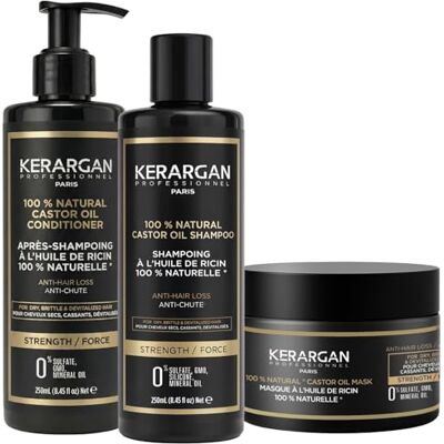 KERARGAN – Anti-Haarausfall-Trio: Shampoo, Conditioner & Maske mit Rizinusöl – Für trockenes, brüchiges oder kraftloses Haar – Beschleunigt das Haarwachstum – Ohne Sulfate, Silikone – 3×250 ml KERARGAN – Anti-Haarausfall-Trio: Shampoo, Conditioner & Maske mit Rizinusöl – Für trockenes, brüchiges oder kraftloses Haar – Beschleunigt das Haarwachstum – Ohne Sulfate, Silikone – 3×250 ml