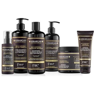 KERARGAN Komplett-Kit Anti-Haarausfall mit Rizinusöl für trockenes und lebloses Haar Fördert das Wachstum Ohne Sulfate, Parabene, Silikone 3x500ml + 100ml + 350ml + 250ml KERARGAN Komplett-Kit Anti-Haarausfall mit Rizinusöl für trockenes und lebloses Haar Fördert das Wachstum Ohne Sulfate, Parabene, Silikone 3x500ml + 100ml + 350ml + 250ml