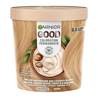 Garnier Permanente Haarfarbe – ohne Ammoniak – 90% Inhaltsstoffe natürlichen Ursprungs – Sheabutter – 100% Abdeckung für weißes Haar – GOOD Honigblond 8.0 Garnier Permanente Haarfarbe – ohne Ammoniak – 90% Inhaltsstoffe natürlichen Ursprungs – Sheabutter – 100% Abdeckung für weißes Haar – GOOD Honigblond 8.0