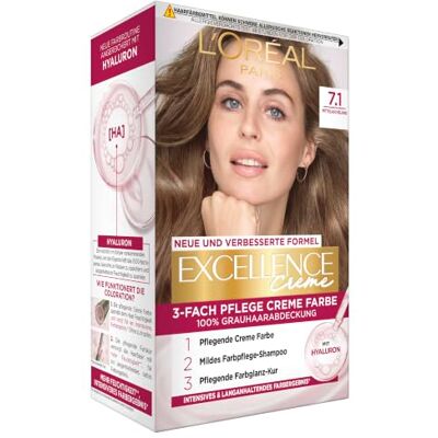 L'Oreal Paris L'Oréal Paris Permanente Haarfarbe, 100% Grauhaarabdeckung, Haarfärbeset mit Coloration, Shampoo und 3-Fach Pflege Creme Farbe, Excellence Creme, 7.1 Mittelaschblond, 3 x 268 g L'Oreal Paris L'Oréal Paris Permanente Haarfarbe, 100% Grauhaarabdeckung, Haarfärbeset mit Coloration, Shampoo und 3-Fach Pflege Creme Farbe, Excellence Creme, 7.1 Mittelaschblond, 3 x 268 g