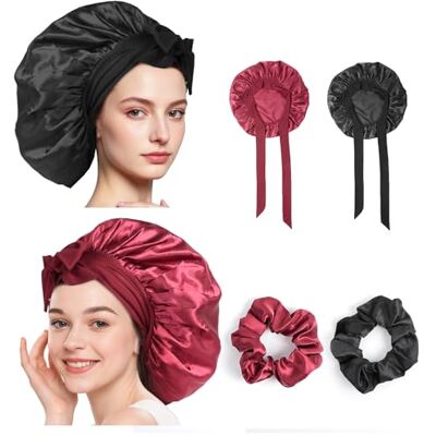 Romon Bonnet Satin Haarhaube zum Schlafen, 4-teilig Atmungsaktive Verstellbare Schlafhaube Haare Schützen, Satin Bonnet für Lange Lockige Haare Damen Schwarz&Rot Romon Bonnet Satin Haarhaube zum Schlafen, 4-teilig Atmungsaktive Verstellbare Schlafhaube Haare Schützen, Satin Bonnet für Lange Lockige Haare Damen Schwarz&Rot