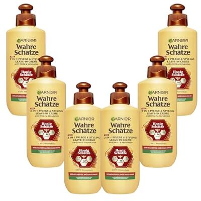 Garnier Wahre Schätze Honig Schätze 2-in-1 Pflege & Styling Leave-In Creme, reparierendes Leave-In gegen Frizz mit Hitzeschutz, 200 ml (x6) Garnier Wahre Schätze Honig Schätze 2-in-1 Pflege & Styling Leave-In Creme, reparierendes Leave-In gegen Frizz mit Hitzeschutz, 200 ml (x6)