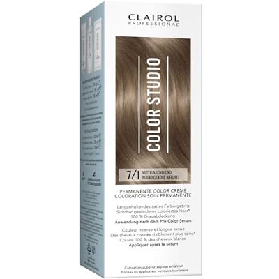Clairol Professional Color Studio Permanente Haarfarbe Mittelaschblond 7/1 (110 ml) – mit Metal-Purifier für 6 x weniger Haarbruch, 10 Wochen sattes Farbergebnis & 100 % Grauabdeckung – inkl. Haarkur Clairol Professional Color Studio Permanente Haarfarbe Mittelaschblond 7/1 (110 ml) – mit Metal-Purifier für 6 x weniger Haarbruch, 10 Wochen sattes Farbergebnis & 100 % Grauabdeckung – inkl. Haarkur