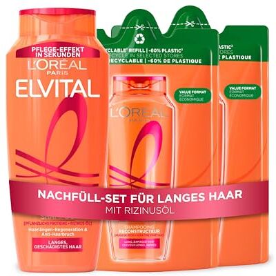 L'Oreal Paris L'Oréal Paris Dream Length Super Aufbau Shampoo Nachfüllset, Vorteilspack mit 1 Standardflasche (1x300ml) und 2 Nachfüllpacks mit -60% weniger Plastik (2x250ml), mit Rizinusöl, für langes Haar L'Oreal Paris L'Oréal Paris Dream Length Super Aufbau Shampoo Nachfüllset, Vorteilspack mit 1 Standardflasche (1x300ml) und 2 Nachfüllpacks mit -60% weniger Plastik (2x250ml), mit Rizinusöl, für langes Haar