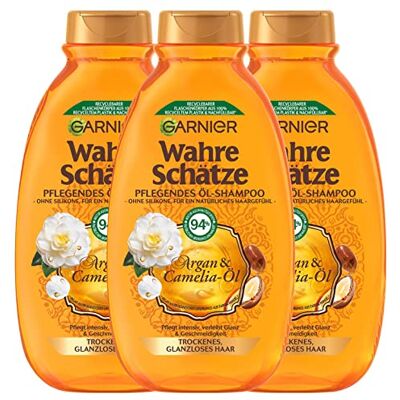 Garnier Wahre Schätze Pflegendes Öl-Shampoo Argan- & Camelia-Öl, pflegt intensiv, verleicht Glanz und Geschmeidigkeit, 3 x 250 ml Garnier Wahre Schätze Pflegendes Öl-Shampoo Argan- & Camelia-Öl, pflegt intensiv, verleicht Glanz und Geschmeidigkeit, 3 x 250 ml