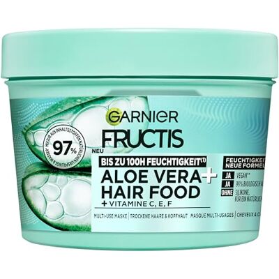 Garnier Fructis Aloe Vera + Haarmaske, Leave-In Haarkur für normales bis trockenes Haar & Kopfhaut, Mehr Geschmeidigkeit und Glanz, Intensive Feuchtigkeit, Ohne Silikone, Vegan, Hairfood, 3in1, 400ml Garnier Fructis Aloe Vera + Haarmaske, Leave-In Haarkur für normales bis trockenes Haar & Kopfhaut, Mehr Geschmeidigkeit und Glanz, Intensive Feuchtigkeit, Ohne Silikone, Vegan, Hairfood, 3in1, 400ml