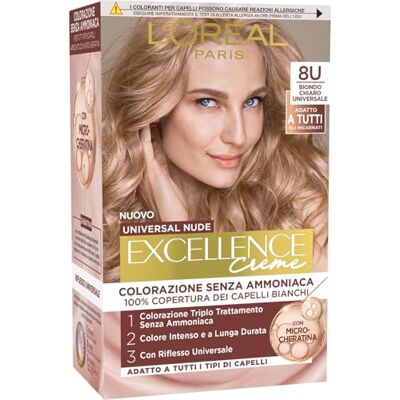 L'Oreal Paris L'Oréal Paris Permanente Coloration, langanhaltende Abdeckung von weißem Haar, natürliches und glänzendes Ergebnis, Ammoniakfreie Formel, Excellence Universal Nude, Farbtöne: Hellblond (8U) L'Oreal Paris L'Oréal Paris Permanente Coloration, langanhaltende Abdeckung von weißem Haar, natürliches und glänzendes Ergebnis, Ammoniakfreie Formel, Excellence Universal Nude, Farbtöne: Hellblond (8U)