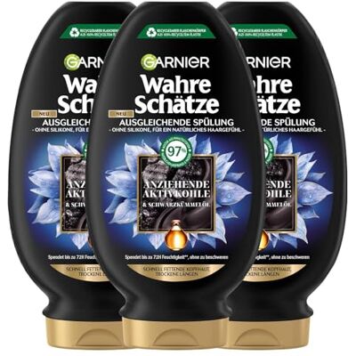 Garnier Ausgleichende Spülung, Gegen schnell fettende Kopfhaut und trockene Haarlängen, Mit reinigender Aktivkohle und Schwarzkümmelöl, Wahre Schätze, 3 x 200 ml Garnier Ausgleichende Spülung, Gegen schnell fettende Kopfhaut und trockene Haarlängen, Mit reinigender Aktivkohle und Schwarzkümmelöl, Wahre Schätze, 3 x 200 ml
