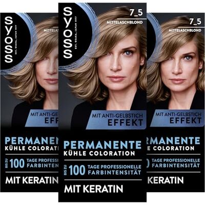 Syoss Coloration 7_5 Mittelaschblond (115 ml), permanente Coloration mit Keratin verleiht einen kühlen Farbton für bis zu 100 Tage professionelle Farbintensität, mit Anti-Gelbstich-Effekt Syoss Coloration 7_5 Mittelaschblond (115 ml), permanente Coloration mit Keratin verleiht einen kühlen Farbton für bis zu 100 Tage professionelle Farbintensität, mit Anti-Gelbstich-Effekt
