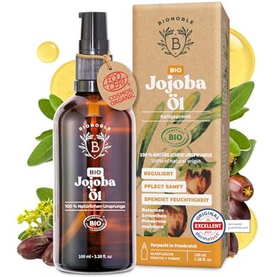 BIONOBLE Jojobaöl Bio Kaltgepresst Haare, Gesicht, Körper, Bart 100ml 100% Rein, Hexanfrei Reguliert Sebum Jojobaöl Bio für Kosmetik, Jojoba Oil for Hair Glasflasche, Pipette, Pumpe BIONOBLE Jojobaöl Bio Kaltgepresst Haare, Gesicht, Körper, Bart 100ml 100% Rein, Hexanfrei Reguliert Sebum Jojobaöl Bio für Kosmetik, Jojoba Oil for Hair Glasflasche, Pipette, Pumpe