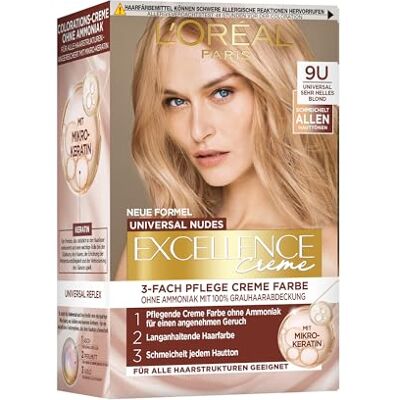 L'Oreal Paris L'Oréal Paris Permanente Haarfarbe für jeden Hautton, Coloration ohne Ammoniak, Universale Nude-Töne mit vollständiger Grauhaarabdeckung, Excellence Creme, Nr. 9U Sehr helles Blond (Blond), 1 Stück L'Oreal Paris L'Oréal Paris Permanente Haarfarbe für jeden Hautton, Coloration ohne Ammoniak, Universale Nude-Töne mit vollständiger Grauhaarabdeckung, Excellence Creme, Nr. 9U Sehr helles Blond (Blond), 1 Stück