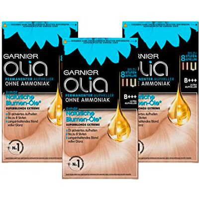 Garnier Olia Haar Aufheller, B+++ Ultra Aufheller, Haarfarbe ohne Ammoniak mit pflegenden, natürlichen Ölen, Vollständige Grauhaarabdeckung, bis zu 8 Stufen Aufhellung, superblonds extreme 3x1 Stück Garnier Olia Haar Aufheller, B+++ Ultra Aufheller, Haarfarbe ohne Ammoniak mit pflegenden, natürlichen Ölen, Vollständige Grauhaarabdeckung, bis zu 8 Stufen Aufhellung, superblonds extreme 3x1 Stück