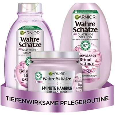 Garnier Wahre Schätze Glättendes Haarpflege-Set für mittellanges bis langes Haar, Ritual & Stärke Reiswasser-Shampoo (250 ml), Reiswasser-Spülung (200 ml), Reiswasser 1-Minute Haarkur (340 ml) Garnier Wahre Schätze Glättendes Haarpflege-Set für mittellanges bis langes Haar, Ritual & Stärke Reiswasser-Shampoo (250 ml), Reiswasser-Spülung (200 ml), Reiswasser 1-Minute Haarkur (340 ml)