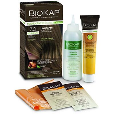 BIOKAP RAPID Permanente Haarfarbe 7.0 Natur Mittelblond NUR 10 MINUTEN EINWIRKZEIT Bio Arganöl TricoREPAIR Komplex VEGAN Optimale Grauabdeckung Bis zu 80% natürliche Inhaltsstoffe BIOKAP RAPID Permanente Haarfarbe 7.0 Natur Mittelblond NUR 10 MINUTEN EINWIRKZEIT Bio Arganöl TricoREPAIR Komplex VEGAN Optimale Grauabdeckung Bis zu 80% natürliche Inhaltsstoffe