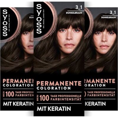 Syoss Coloration 3_1 Dunkelbraun (115 ml), permanente Coloration mit Keratin verleiht bis zu 100 Tage professionelle Farbintensität, 100% Grauabdeckung Syoss Coloration 3_1 Dunkelbraun (115 ml), permanente Coloration mit Keratin verleiht bis zu 100 Tage professionelle Farbintensität, 100% Grauabdeckung