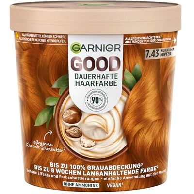 Garnier GOOD Dauerhafte Haarfarbe 7.43 Kurkuma Kupfer, permanente Coloration, ohne Ammoniak, bis zu 100% Grauabdeckung, langanhaltende Farbe bis 8 Wochen, einfache Anwendung, angenehmer Duft, 1 Stk. Garnier GOOD Dauerhafte Haarfarbe 7.43 Kurkuma Kupfer, permanente Coloration, ohne Ammoniak, bis zu 100% Grauabdeckung, langanhaltende Farbe bis 8 Wochen, einfache Anwendung, angenehmer Duft, 1 Stk.