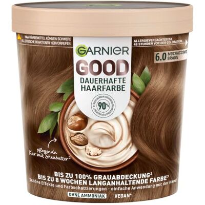 Garnier GOOD Dauerhafte Haarfarbe 6.0 Mochaccino Braun, permanente Coloration, ohne Ammoniak, bis zu 100% Grauabdeckung, bis 8 Wochen langanhaltende Farbe, einfache Anwendung, angenehmer Duft, 1 Stk. Garnier GOOD Dauerhafte Haarfarbe 6.0 Mochaccino Braun, permanente Coloration, ohne Ammoniak, bis zu 100% Grauabdeckung, bis 8 Wochen langanhaltende Farbe, einfache Anwendung, angenehmer Duft, 1 Stk.