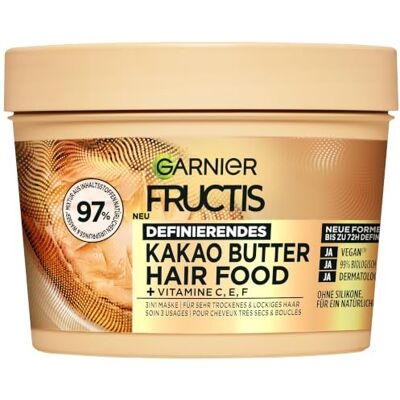 Garnier Fructis definierende Kakao Butter Haarmaske, Leave-In für trockenes und lockiges Haar, Für gebändigtes, Geschmeidiges Haar, Mit Sonnenblumenöl, Jojobaöl, Kokosnussöl, Hairfood, 3in1, 400ml Garnier Fructis definierende Kakao Butter Haarmaske, Leave-In für trockenes und lockiges Haar, Für gebändigtes, Geschmeidiges Haar, Mit Sonnenblumenöl, Jojobaöl, Kokosnussöl, Hairfood, 3in1, 400ml